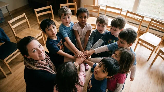 children, group, hands, circle, unity, cooperation, teamwork, adult, teacher, diverse, indoor, classroom, chairs, smiles, expressions, focus, belonging, together, innocence, photo, ai generated. Five multilingual social service ideas, treated as tests rather than markets