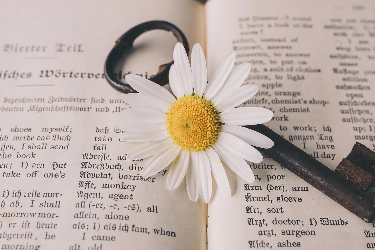 key, old, flower, nostalgic, flower wallpaper, beautiful flowers, vintage, flower background, marguerite, blossom, bloom, rust, metal, antique, dictionary, german-english, translation, nature, words, a book