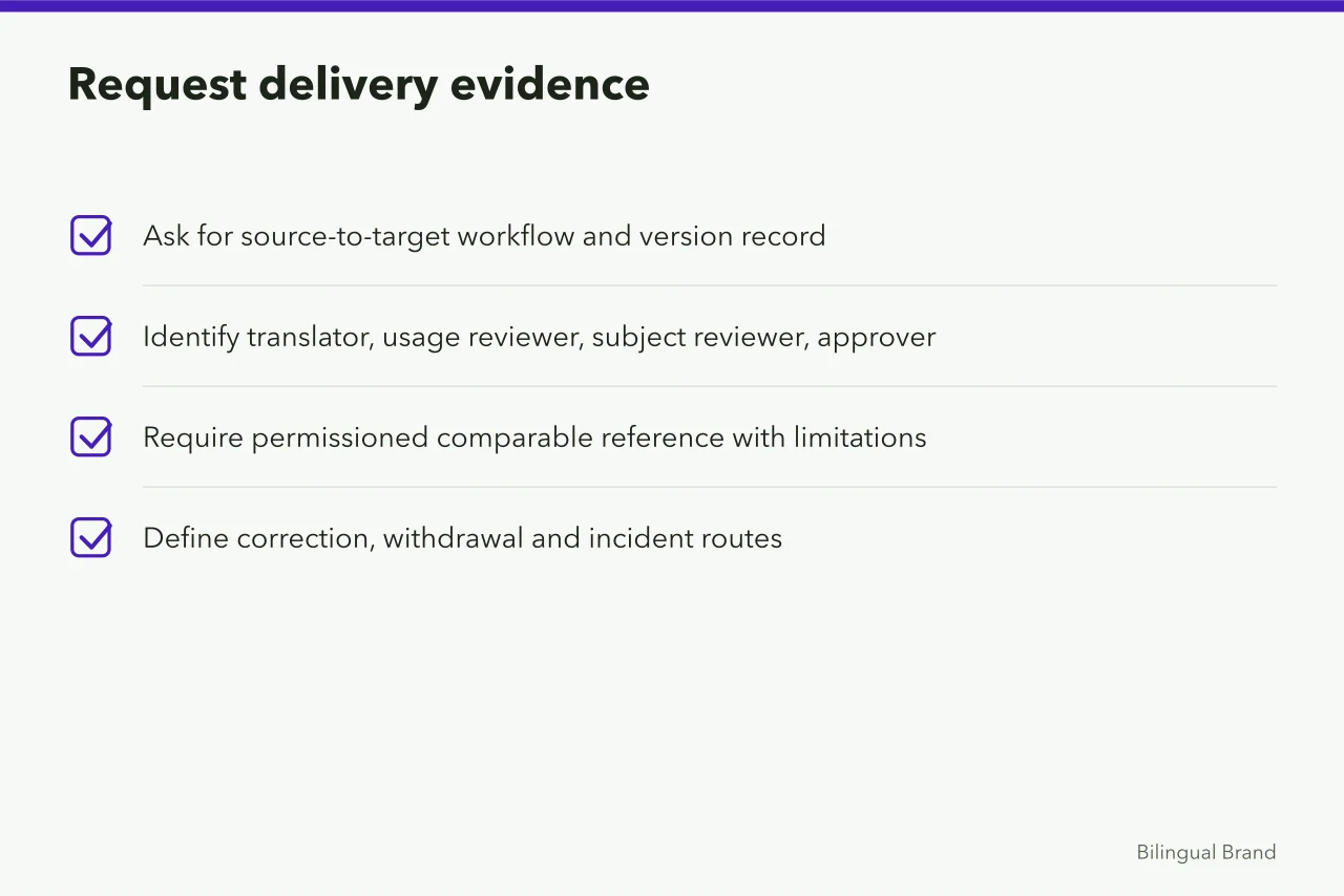 Checklist of delivery evidence to request from a multilingual social marketing supplier (Selecting a multilingual social route with pass, hold and reject rules)