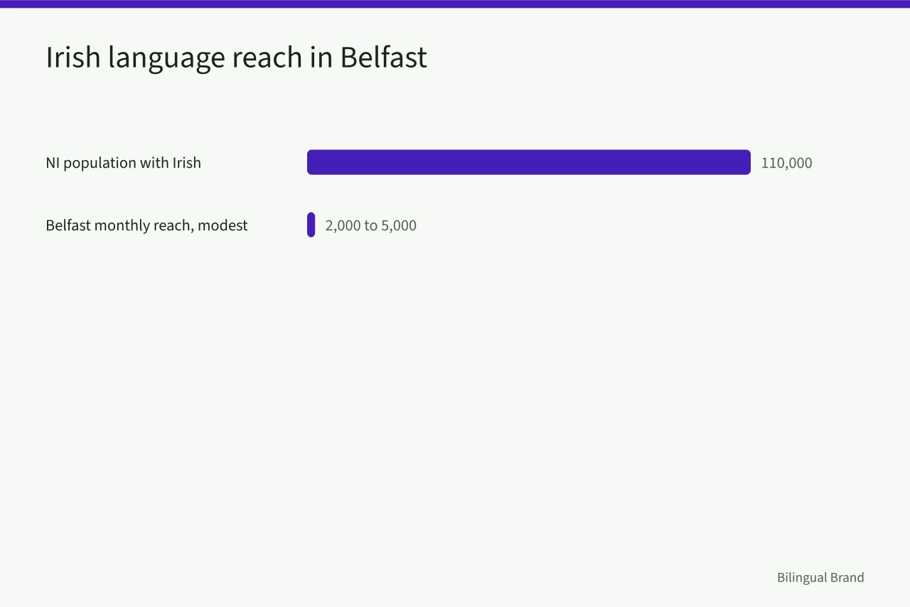 Bar chart of Irish language ability and realistic Belfast social ad reach (Belfast Irish language social ads, what Bòrd na Gàidhlig funding covers)